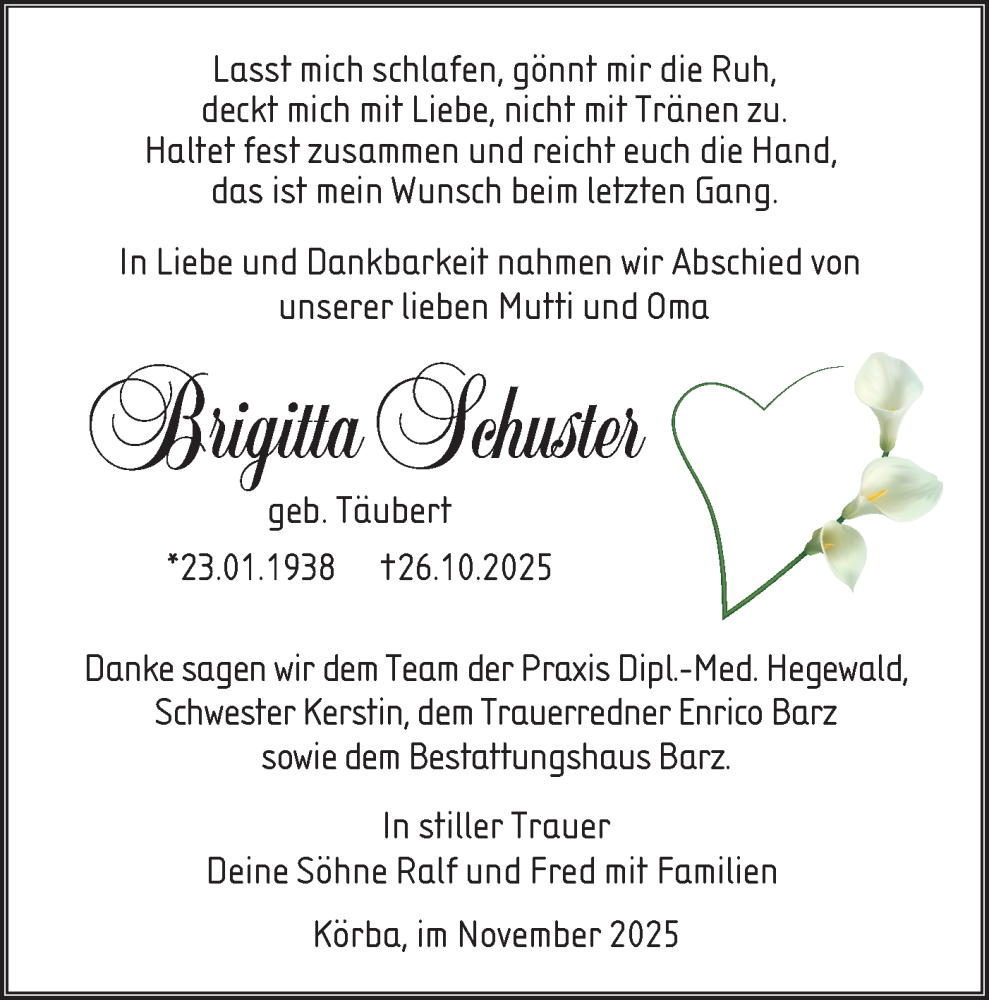  Traueranzeige für Brigitta Schuster vom 22.11.2025 aus Lausitzer Rundschau