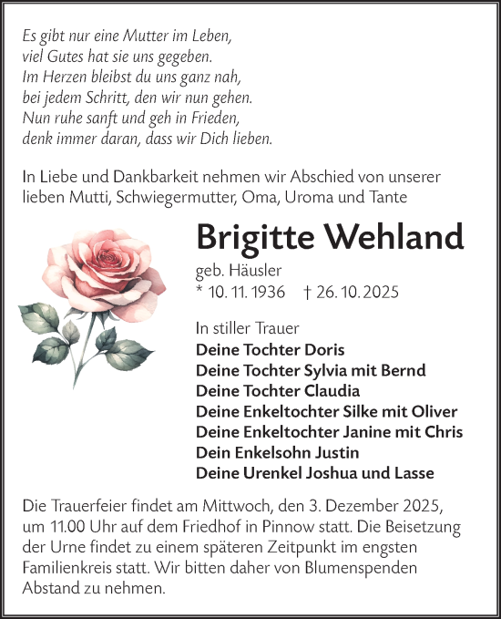 Traueranzeige von Brigitte Wehland von Lausitzer Rundschau