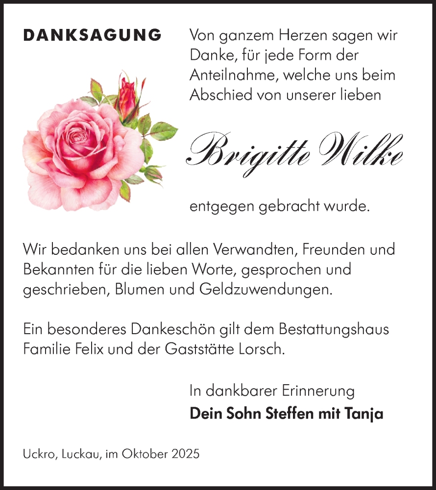  Traueranzeige für Brigitte Wilke vom 15.11.2025 aus Lausitzer Rundschau
