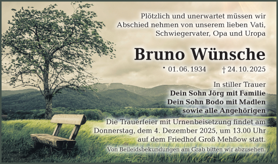 Traueranzeige von Bruno Wünsche von Lausitzer Rundschau