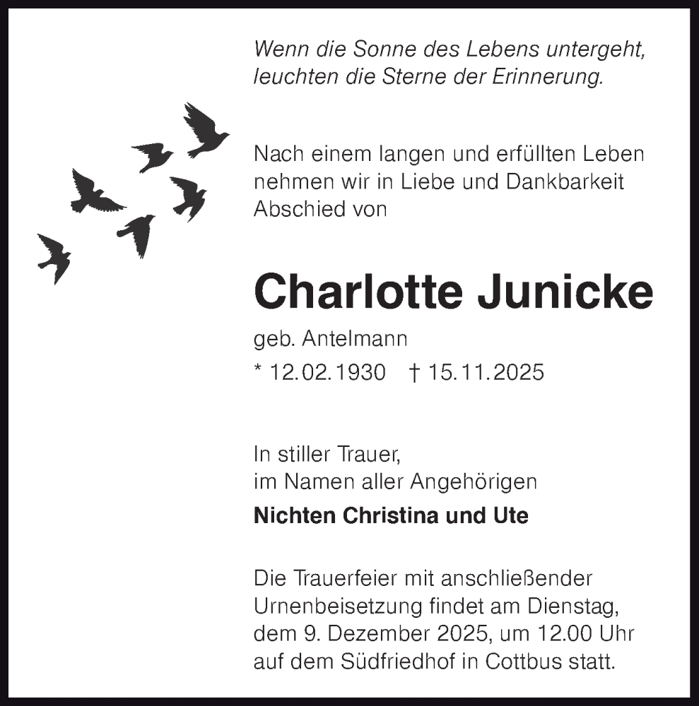  Traueranzeige für Charlotte Junicke vom 29.11.2025 aus Lausitzer Rundschau