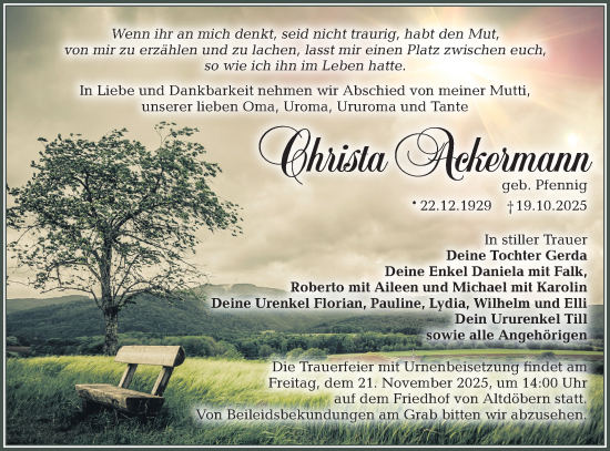 Traueranzeige von Christa Ackermann von Lausitzer Rundschau