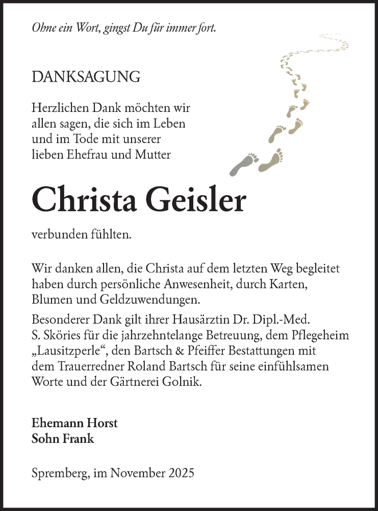  Traueranzeige für Christa Geisler vom 15.11.2025 aus Lausitzer Rundschau