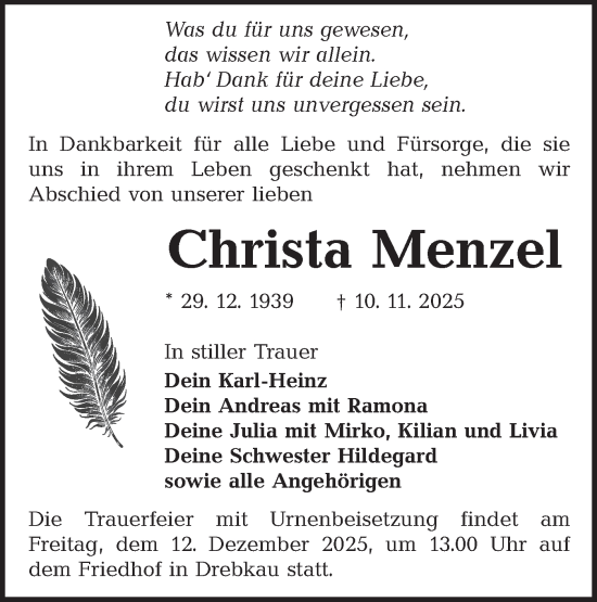 Traueranzeige von Christa Menzel von Lausitzer Rundschau