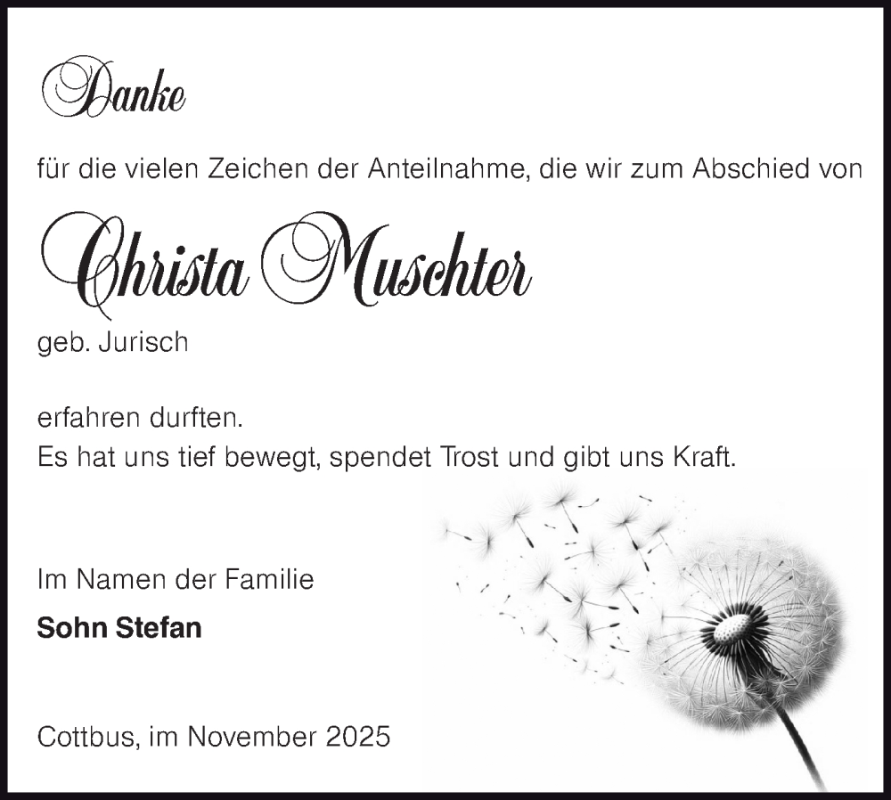  Traueranzeige für Christa Muschter vom 05.11.2025 aus Lausitzer Rundschau
