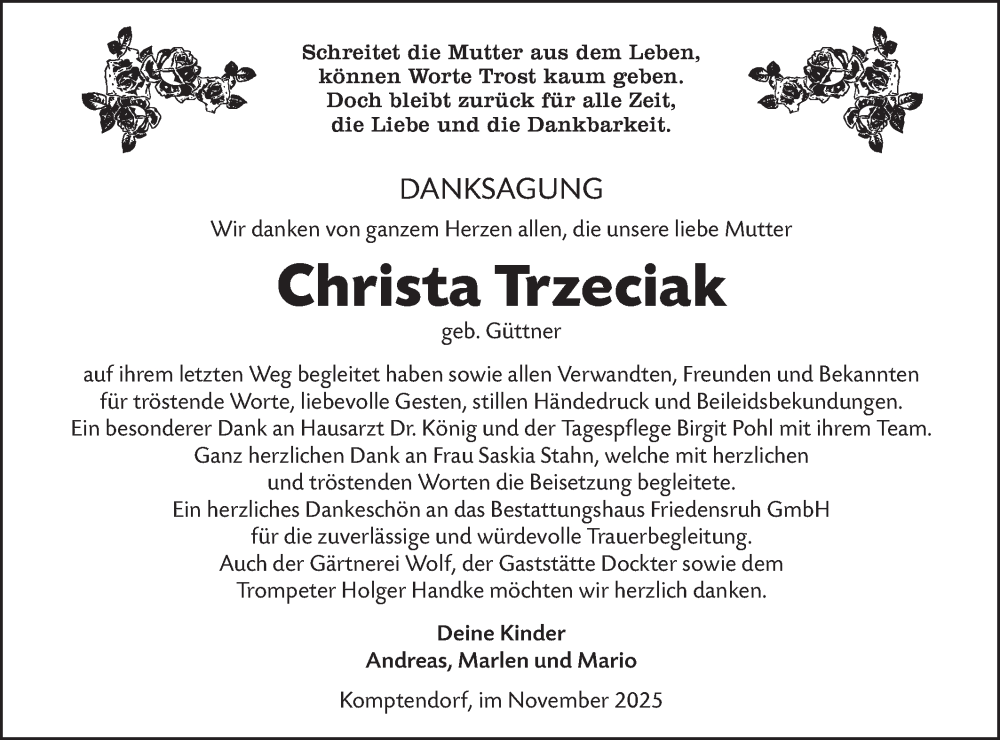  Traueranzeige für Christa Trzeciak vom 15.11.2025 aus Lausitzer Rundschau