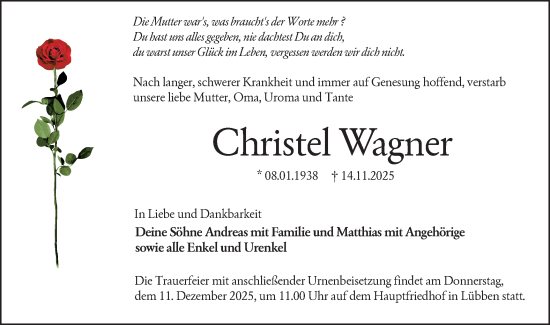 Traueranzeige von Christel Wagner von Lausitzer Rundschau