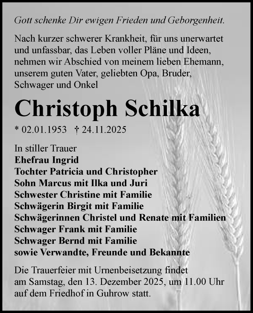  Traueranzeige für Christoph Schilka vom 29.11.2025 aus Ausg. LR Spreewald RS