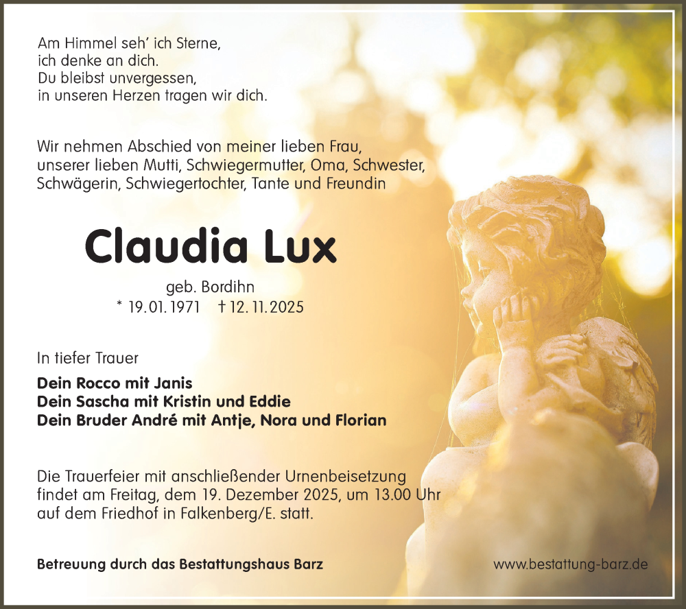  Traueranzeige für Claudia Lux vom 29.11.2025 aus Lausitzer Rundschau
