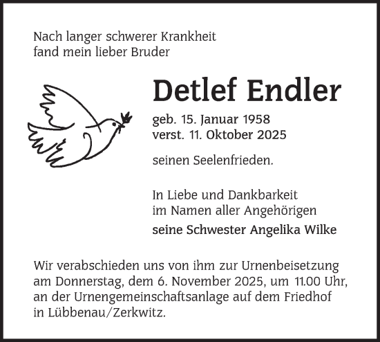 Traueranzeige von Detlef Endler von Lausitzer Rundschau