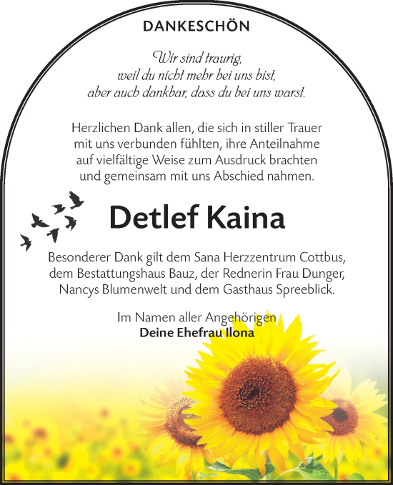 Traueranzeige von Detlef Kaina von Ausg. LR Spreewald RS