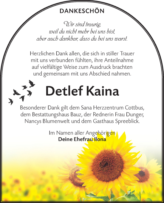 Traueranzeige von Detlef Kaina von Lausitzer Rundschau