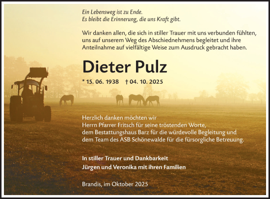 Traueranzeige von Dieter Pulz von Lausitzer Rundschau