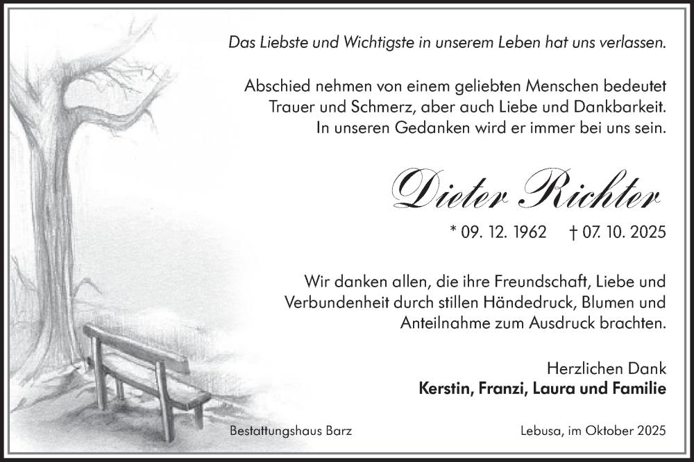  Traueranzeige für Dieter Richter vom 15.11.2025 aus Lausitzer Rundschau
