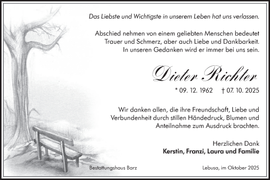 Traueranzeige von Dieter Richter von Lausitzer Rundschau