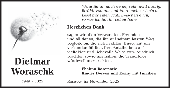 Traueranzeige von Dietmar Woraschk von Lausitzer Rundschau