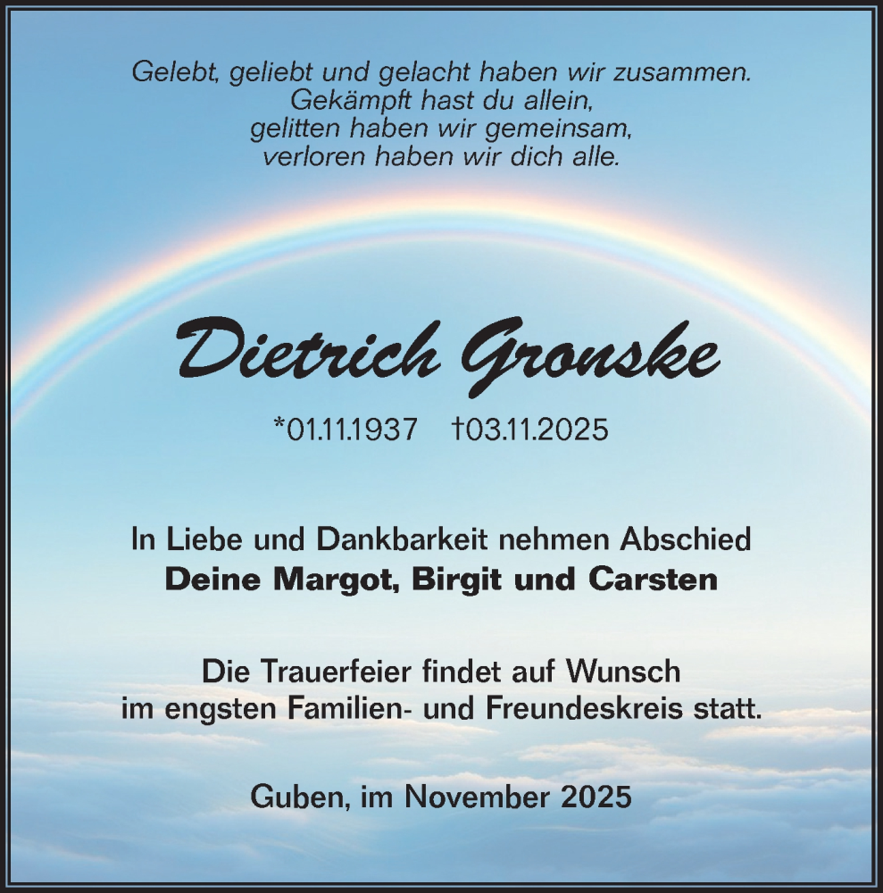  Traueranzeige für Dietrich Gronske vom 15.11.2025 aus Lausitzer Rundschau