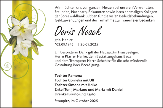 Traueranzeige von Doris Noack von Lausitzer Rundschau