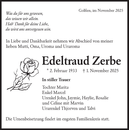Traueranzeige von Edeltraud Zerbe von Lausitzer Rundschau