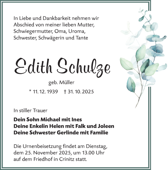 Traueranzeige von Edith Schulze von Lausitzer Rundschau