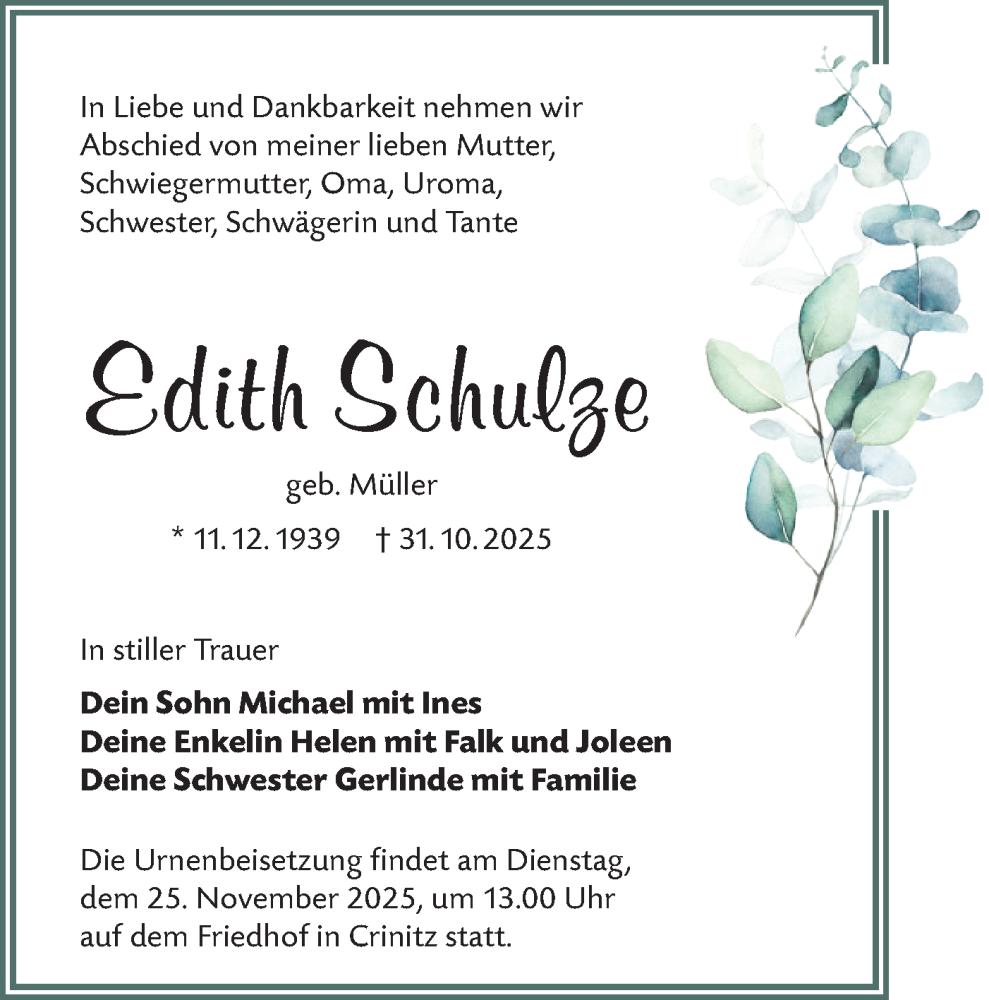 Traueranzeige für Edith Schulze vom 15.11.2025 aus Lausitzer Rundschau