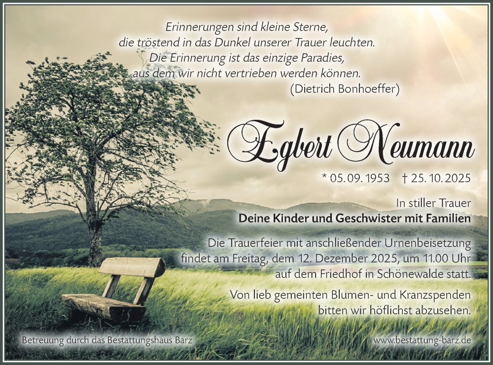  Traueranzeige für Egbert Neumann vom 29.11.2025 aus Lausitzer Rundschau