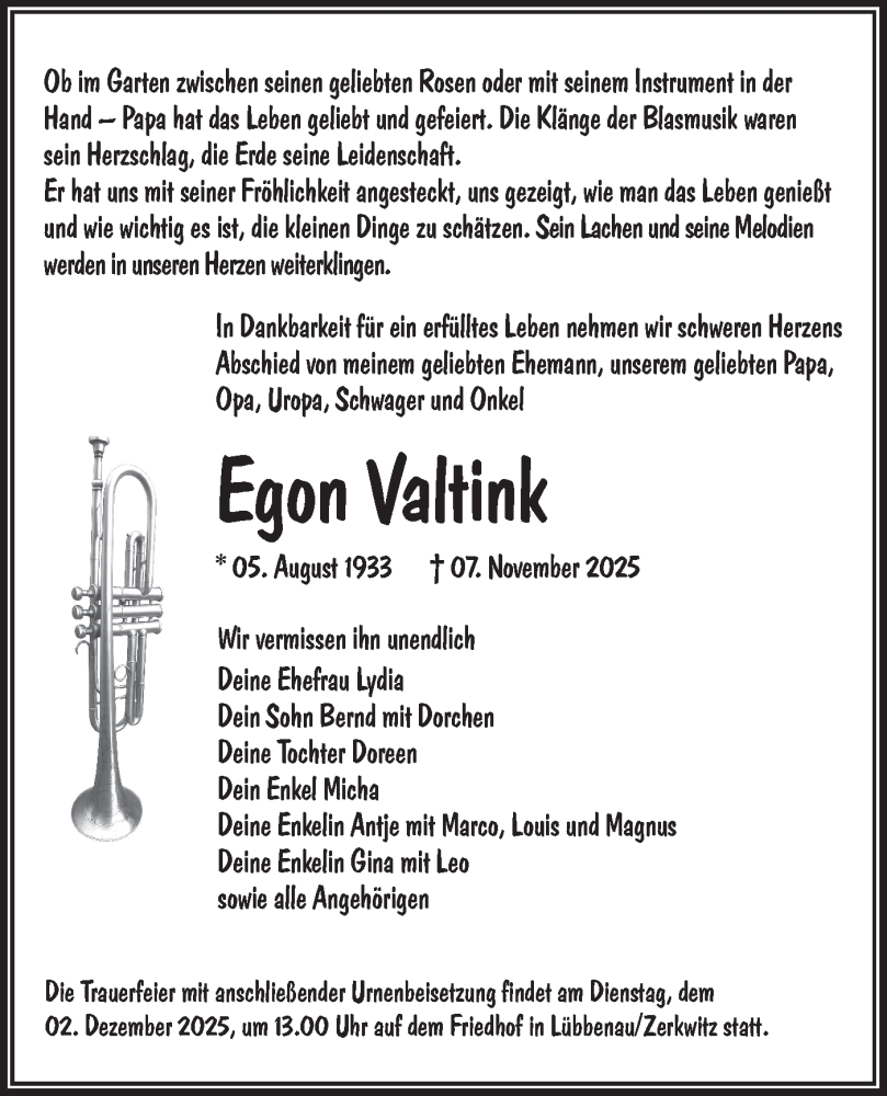  Traueranzeige für Egon Valtink vom 22.11.2025 aus Lausitzer Rundschau