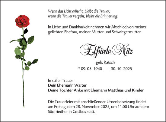 Traueranzeige von Elfriede Nitz von Lausitzer Rundschau
