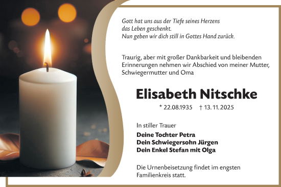 Traueranzeige von Elisabeth Nitschke von Lausitzer Rundschau
