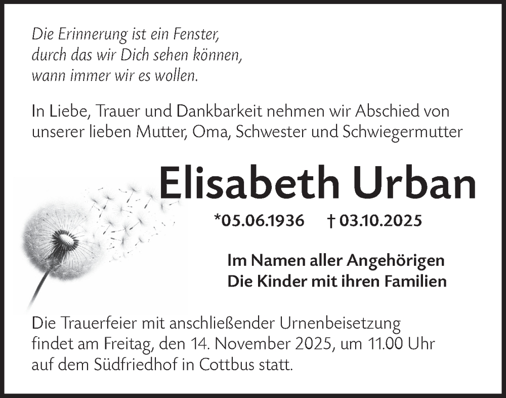  Traueranzeige für Elisabeth Urban vom 08.11.2025 aus Lausitzer Rundschau