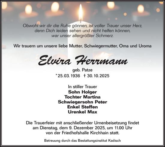 Traueranzeige von Elvira Herrmann von Lausitzer Rundschau