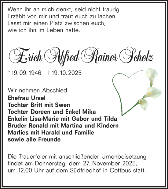 Traueranzeige von Erich Alfred Rainer Scholz von Lausitzer Rundschau