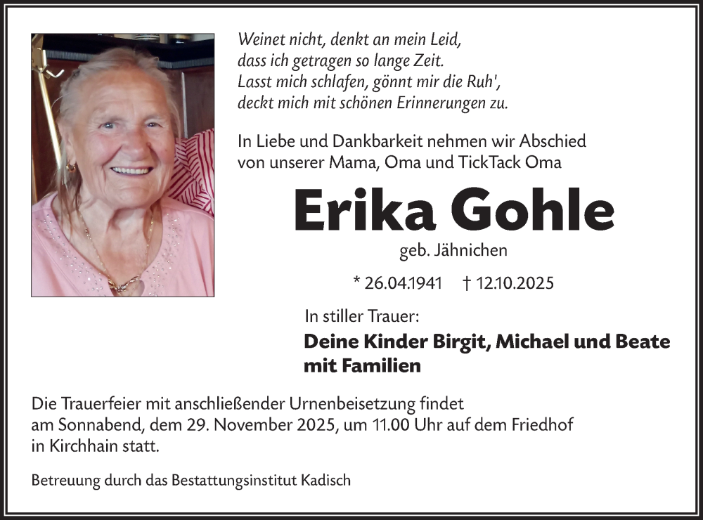  Traueranzeige für Erika Gohle vom 08.11.2025 aus Lausitzer Rundschau