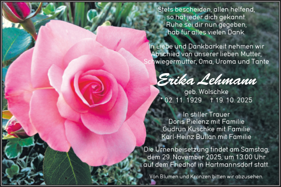 Traueranzeige von Erika Lehmann von Lausitzer Rundschau