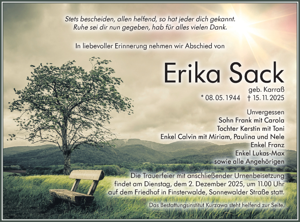  Traueranzeige für Erika Sack vom 29.11.2025 aus Lausitzer Rundschau