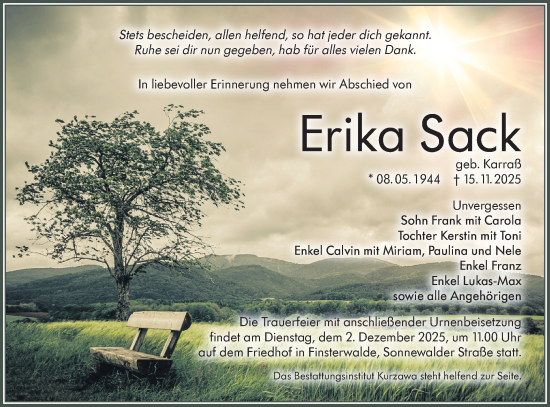 Traueranzeige von Erika Sack von Lausitzer Rundschau