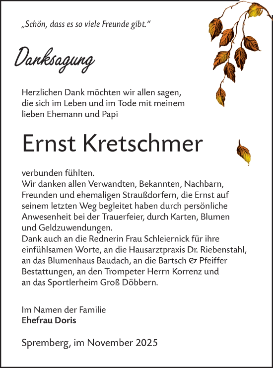 Traueranzeige von Ernst Kretschmer von Lausitzer Rundschau
