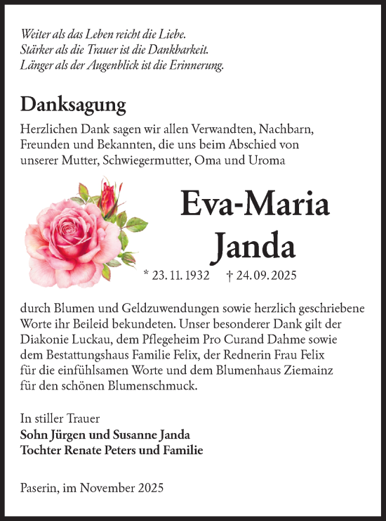 Traueranzeige von Eva-Maria Janda von Lausitzer Rundschau