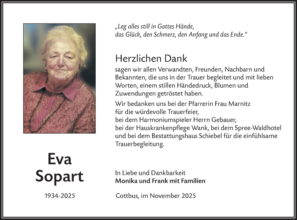  Traueranzeige für Eva Sopart vom 15.11.2025 aus Lausitzer Rundschau