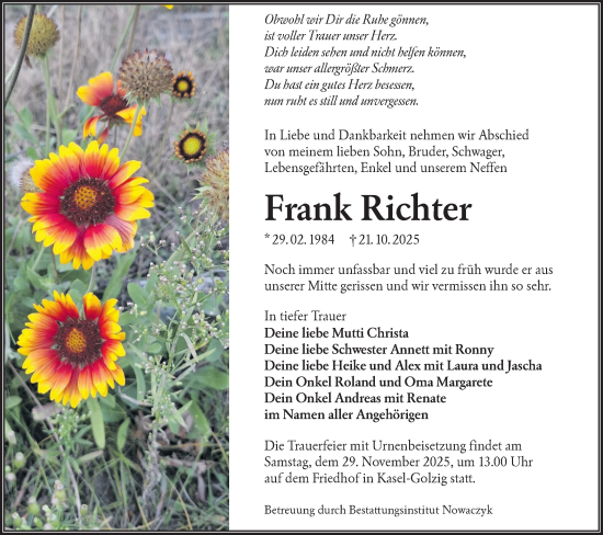 Traueranzeige von Frank Richter von Lausitzer Rundschau