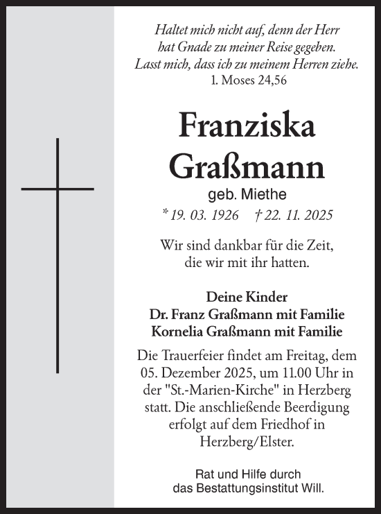 Traueranzeige von Franziska Graßmann von Lausitzer Rundschau