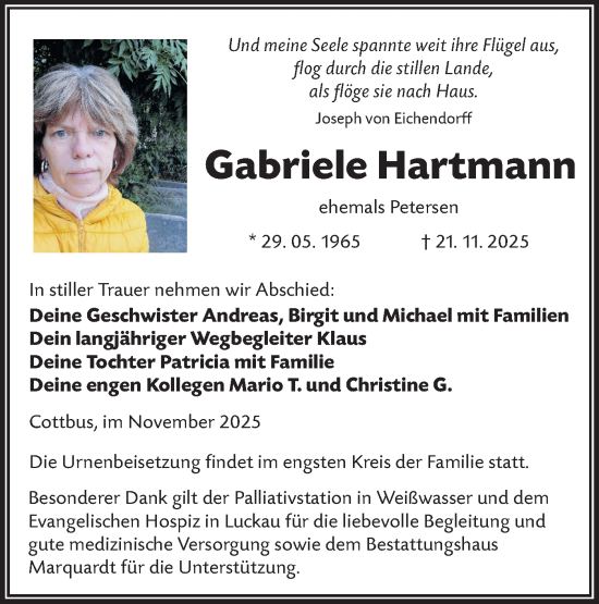 Traueranzeige von Gabriele Hartmann von Lausitzer Rundschau