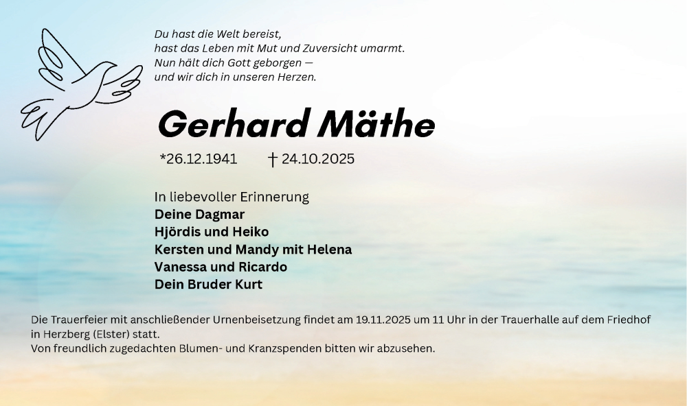  Traueranzeige für Gerhard Mäthe vom 08.11.2025 aus Lausitzer Rundschau