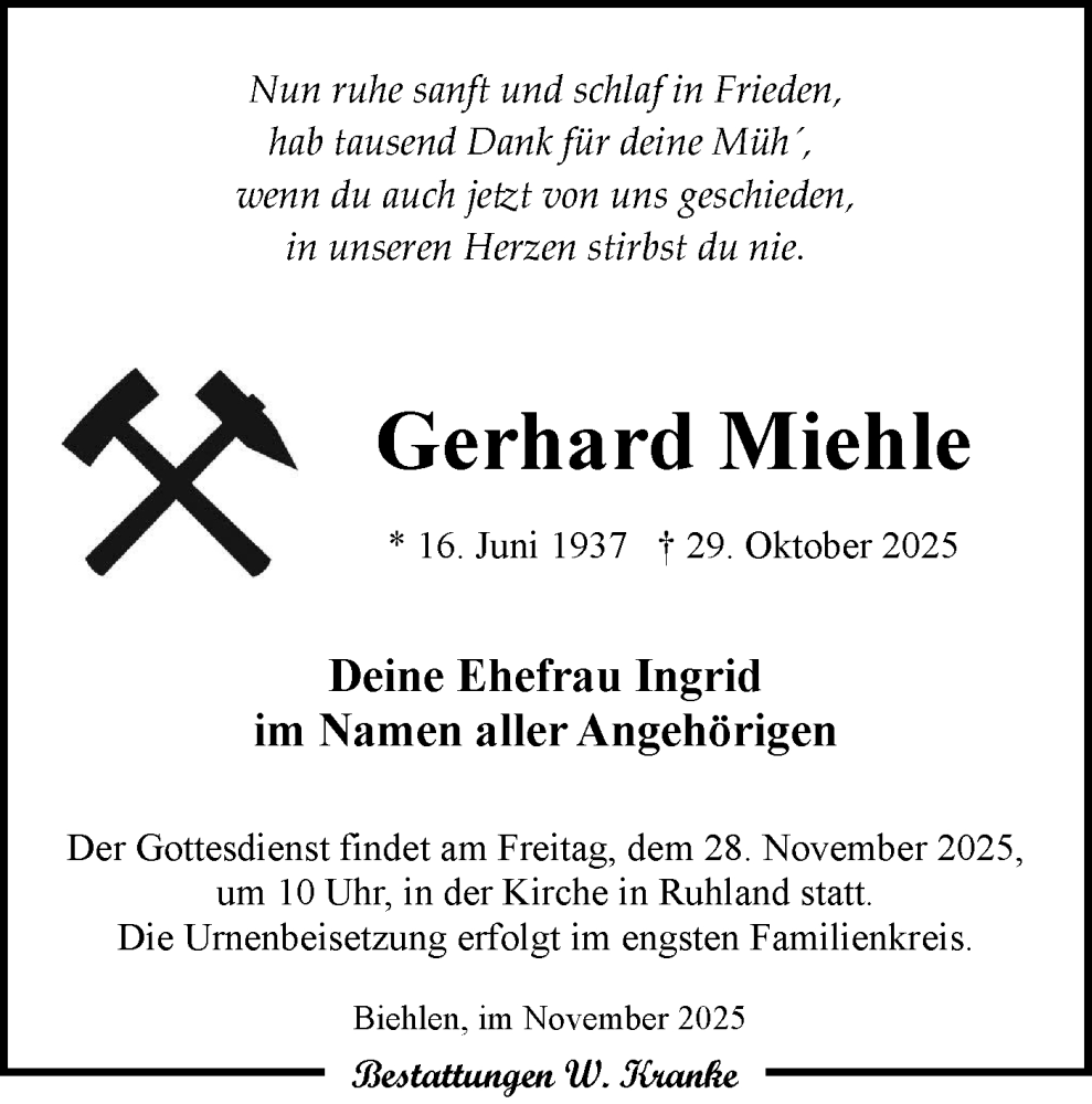  Traueranzeige für Gerhard Miehle vom 08.11.2025 aus Lausitzer Rundschau