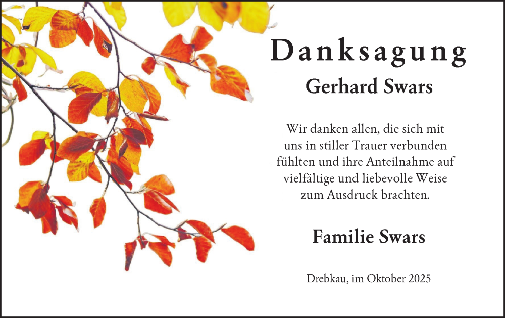  Traueranzeige für Gerhard Swars vom 01.11.2025 aus Lausitzer Rundschau