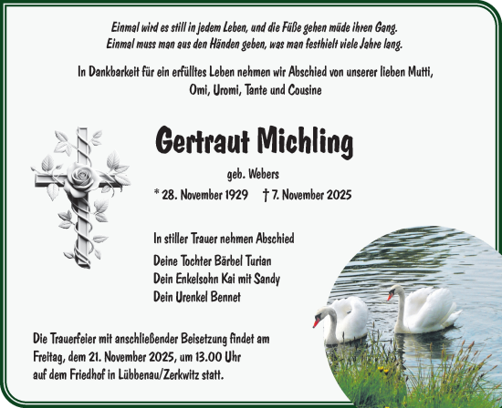 Traueranzeige von Gertraut Michling von Ausg. LR Spreewald RS