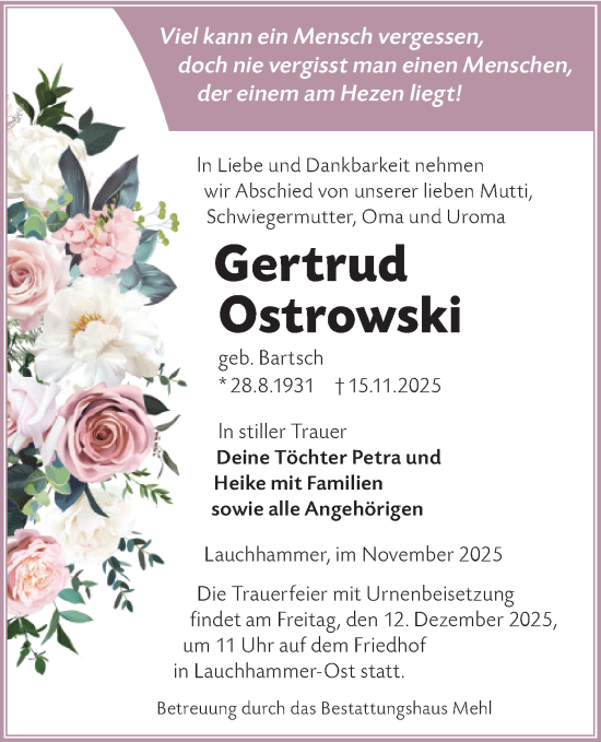 Traueranzeige von Gertrud Ostrowski von Lausitzer Rundschau