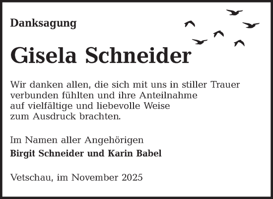Traueranzeige von Gisela Schneider von Lausitzer Rundschau