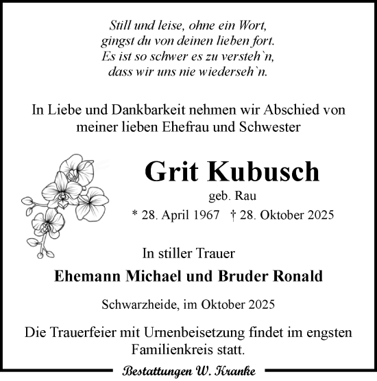 Traueranzeige von Grit Kubusch von Lausitzer Rundschau