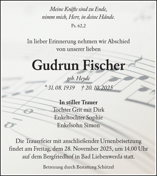 Traueranzeige von Gudrun Fischer von Lausitzer Rundschau